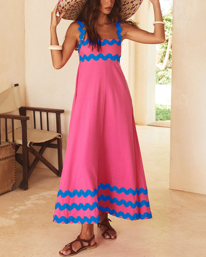 Contrast color wavy edge long dress