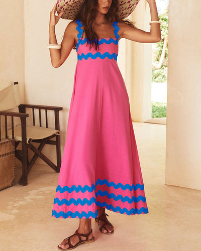 Contrast color wavy edge long dress