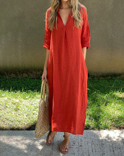 Casual Solid Color V-Neck Loose Cotton Linen Dress