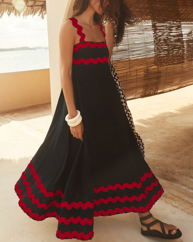 Contrast color wavy edge long dress